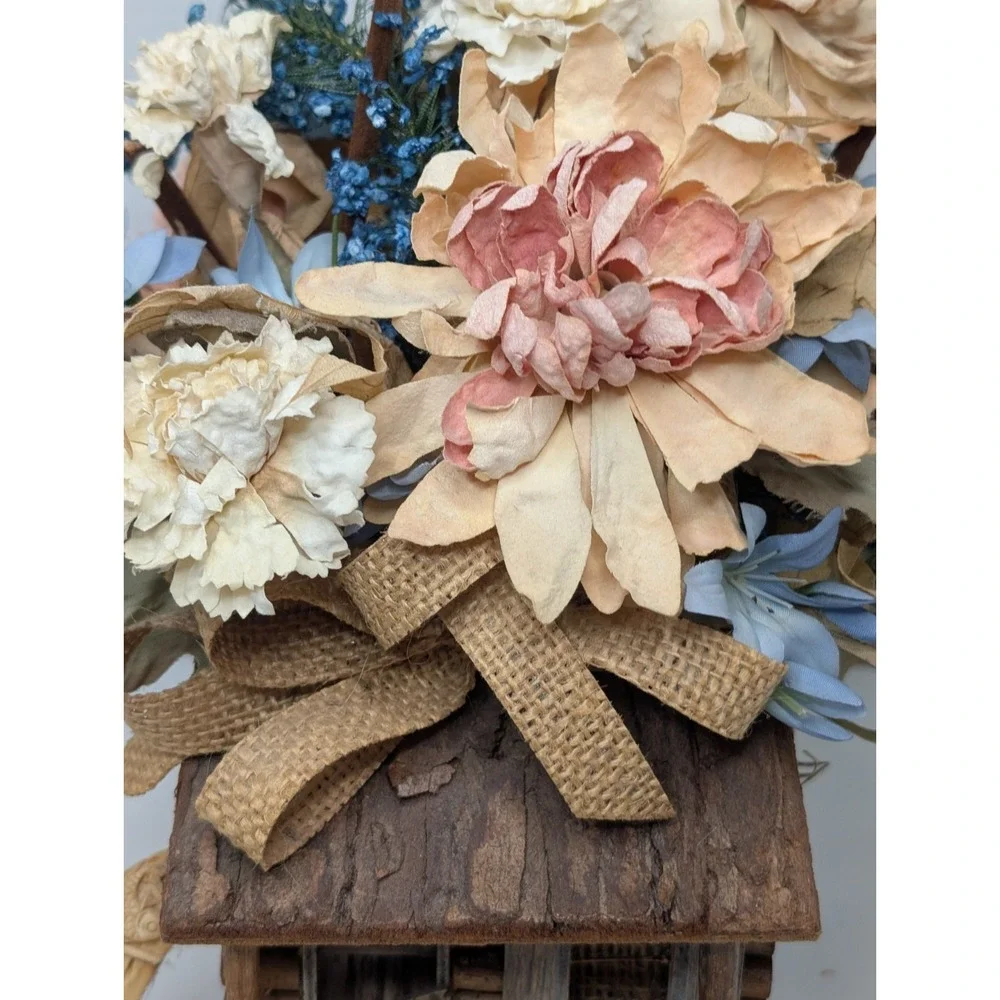 Rustic Log Cabin‎ Floral Arrangement Faux Flowers Basket Lodge Country Decor 11